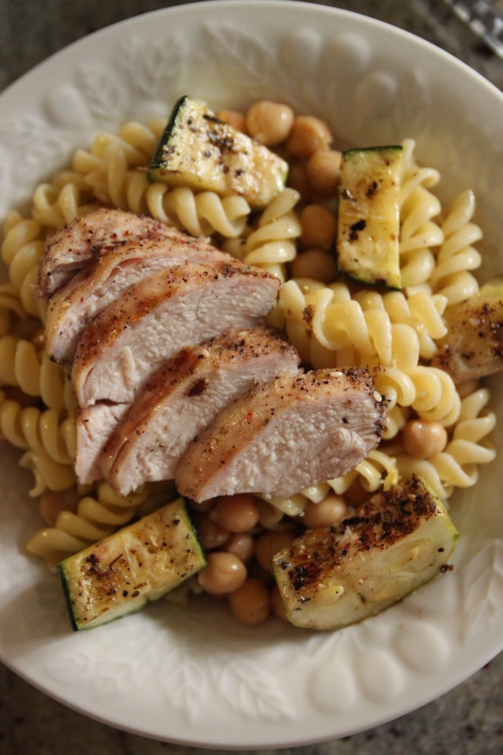 za'atar and chutney grilled chicken with zucchini and lemon pasta salad