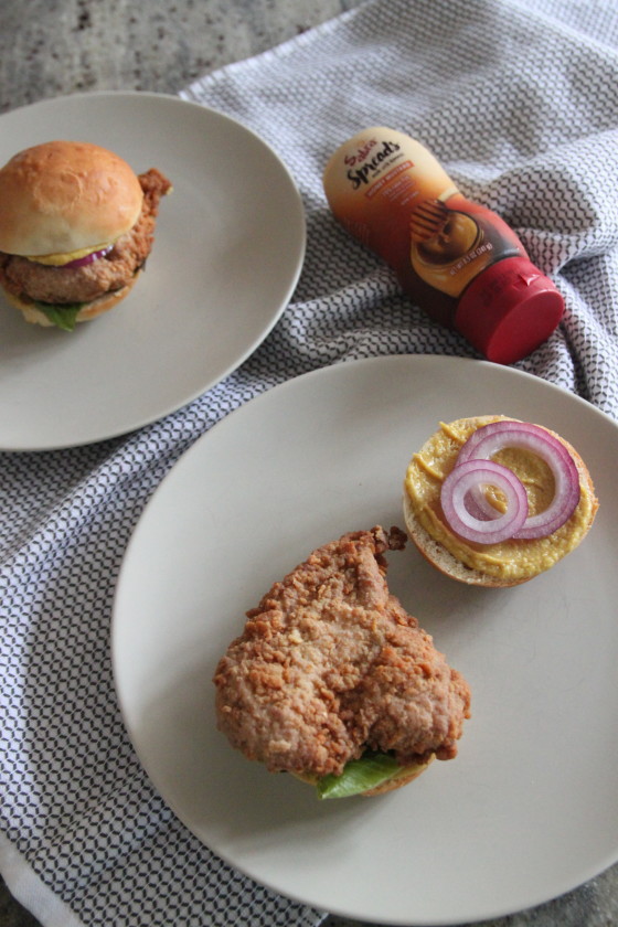 fried chicken and honey mustard hummus sandwiches