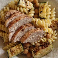 za'atar and chutney grilled chicken with zucchini and lemon pasta salad