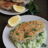 turkey milanese with pea risotto